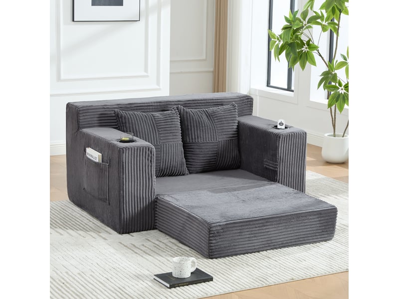  Canapé convertible 2 places en velours côtelé gris evryae  - Conforama D