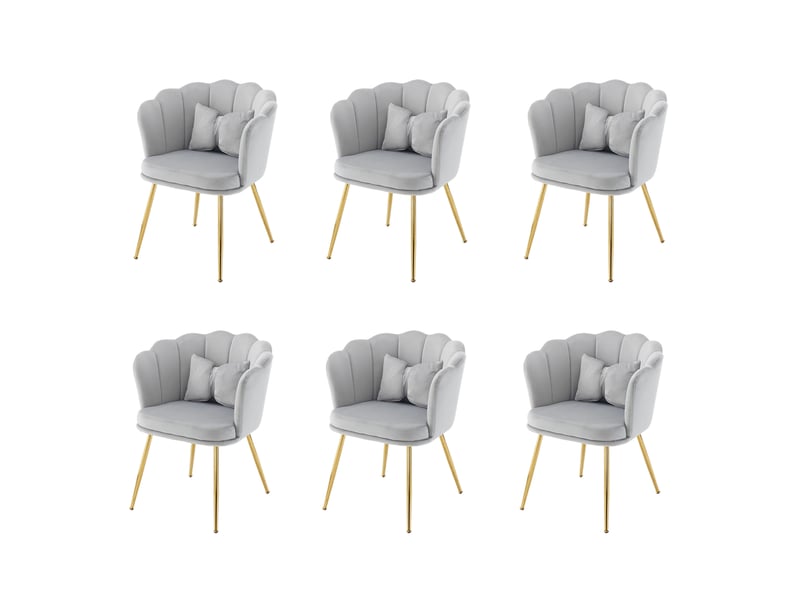  Lot de 6 chaises de salle à manger 63x58x77 cm, dossier pétale, coussin, pieds en métal doré, velours gris  - Conforama A