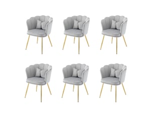 Lot de 6 chaises de salle à manger 63x58x77 cm, dossier pétale, coussin, pieds en métal doré, velours gris