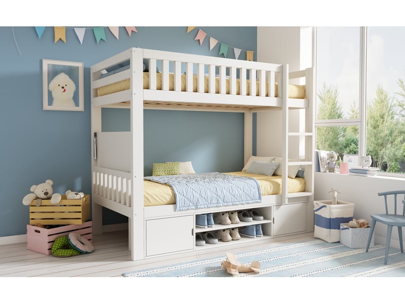 Lit superposé enfant 90x200cm, lit 2 place avec table rabattable, placards et range-chaussures, bois, blanc sans matelas  - Conforama B