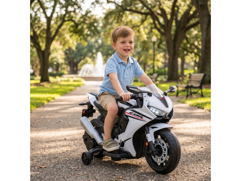  Moto électrique enfants sous licence honda 6 v, 3 kmh, musique &amp; lumière, 2 roues d'entraînement, blanc  - Conforama D