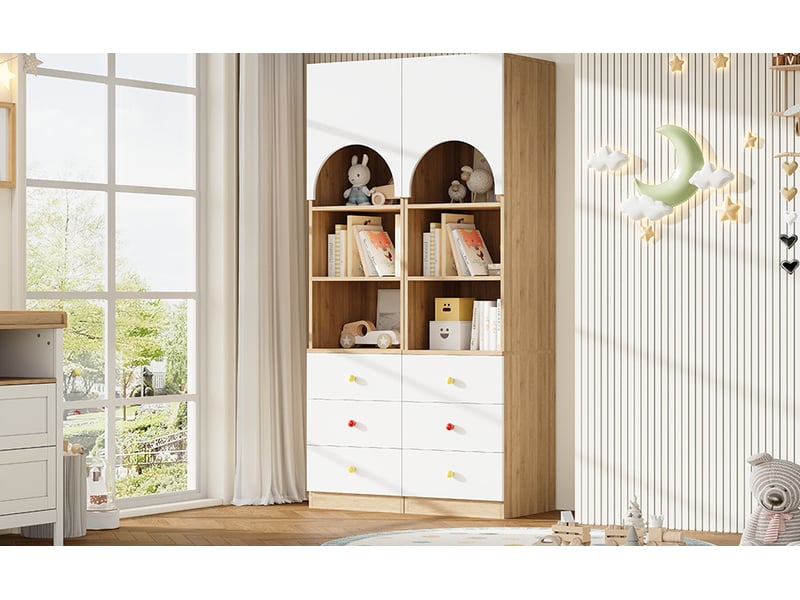  Bibliothèques enfant 2 pièces 100x50x200 cm – blanc et aspect bois – 6 tiroirs et rangement vertical  - Conforama B