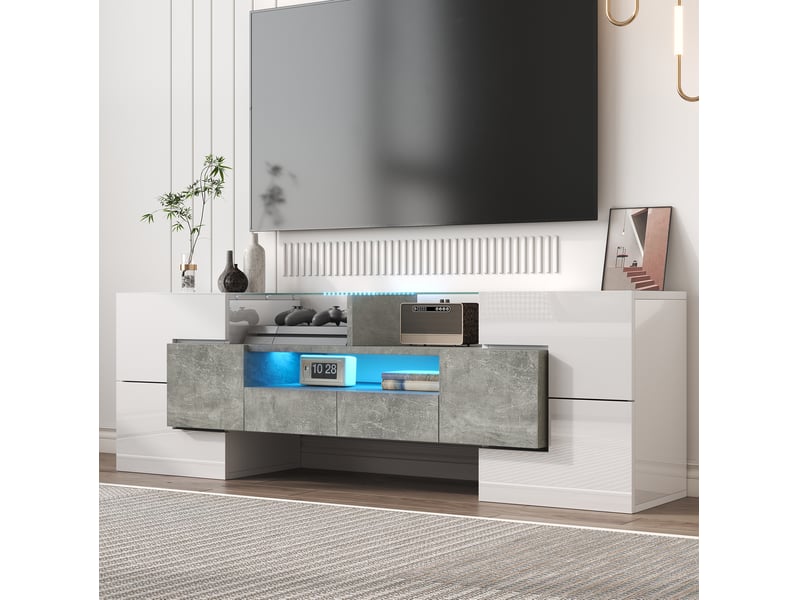  Meuble tv 145 cm blanc brillant effet béton, led, 6 portes et 2 tiroirs  - Conforama B