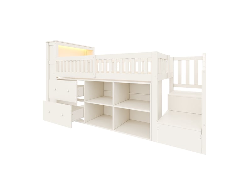  Lit mi-hauteur,90x200 cm,avec bureau, rangements, led et ports usb,blanc  - Conforama D
