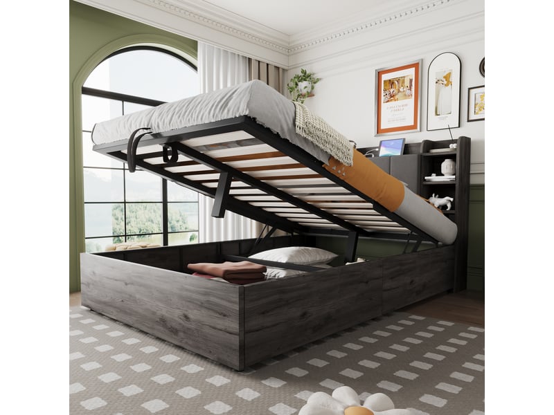  Lit double en bois 140 x 200 cm, relevage hydraulique, ports usb et type-c, gris, sans matelas avec rangements  - Conforama C
