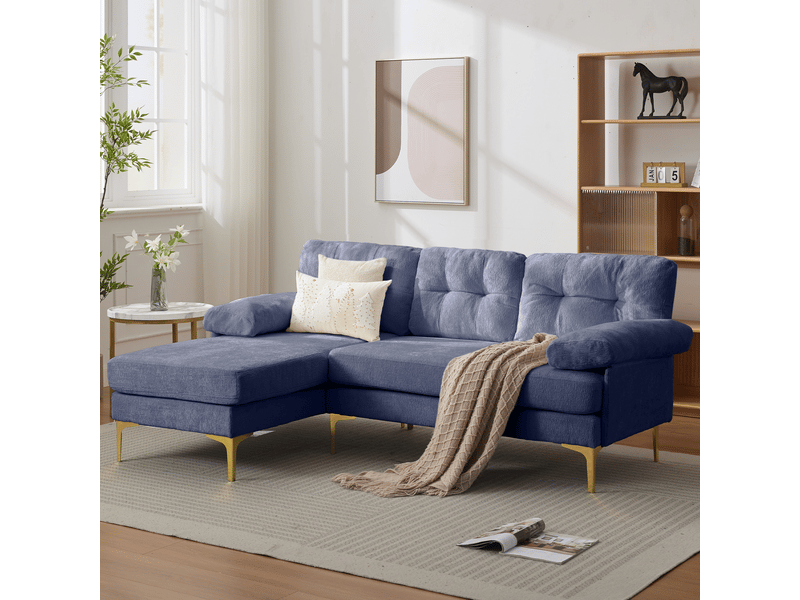 Canapé d’angle 3 places bleu en tissu chenille, méridienne réversible gauche ou droite, coussins rembourrés et pieds en métal - Conforama C
