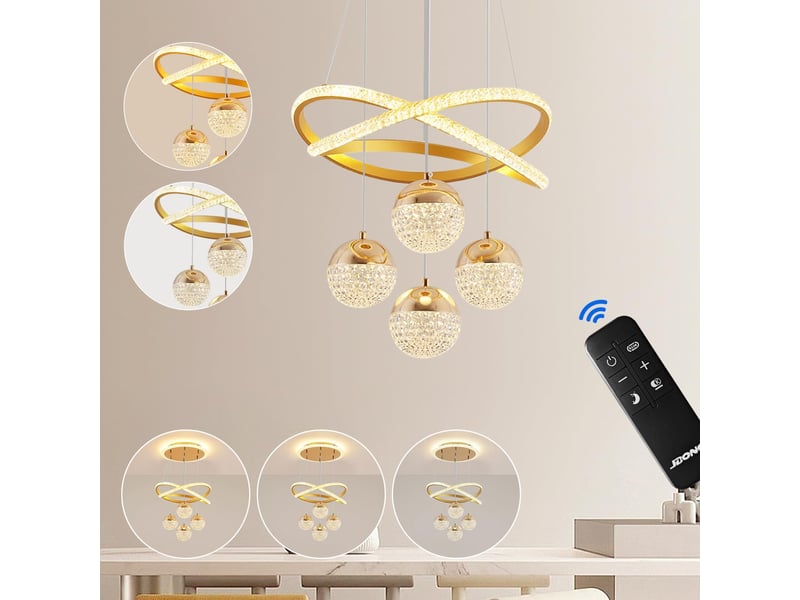  Suspension led dorée en cristal et acrylique pour table à manger – intensité variable, 4 lumières (54 w), hauteur réglable  - Conforama E