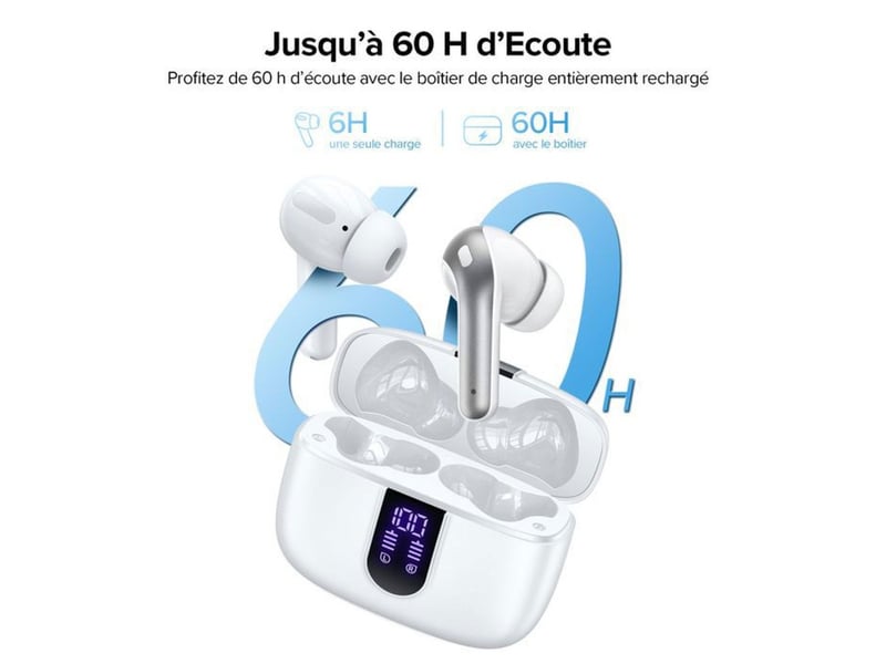 Ecouteurs sans fil tws bluetooth 5.4 ipx5 sport blanc avec micro et boitier  - Conforama B