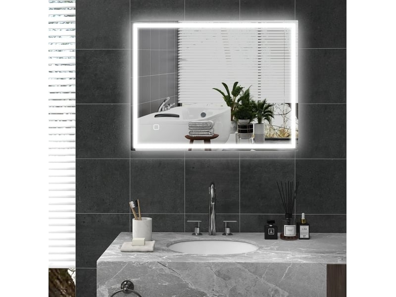  Miroir lumineux de salle de bain led à luminosité réglable, antibuée et mémoire en verre trempé argenté 90 × 70 × 4 cm  - Conforama B