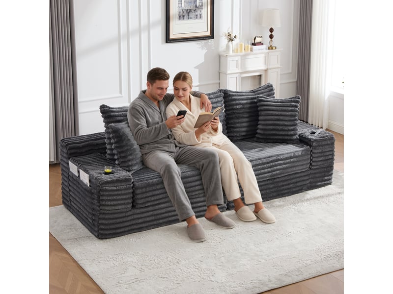  Canapé droit fixe 4 places tissu gris canapé compressible - Conforama B