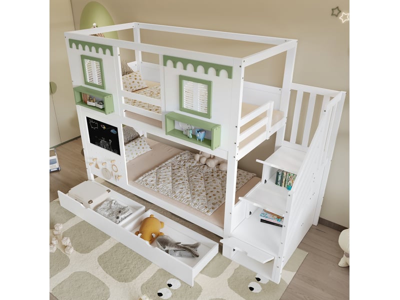 Lit superposé enfant 90x200 cm avec escalier de rangement, blanc et vert  - Conforama D