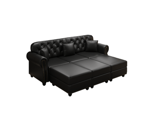 Canapé chesterfield 3 places + 3 poufs en simili cuir noir, 210 cm