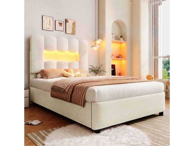  Lit d'enfant 90 x 200 cm, avec éclairage led, tête de lit, rangement à vérins hydrauliques, en velours, beige  - Conforama D