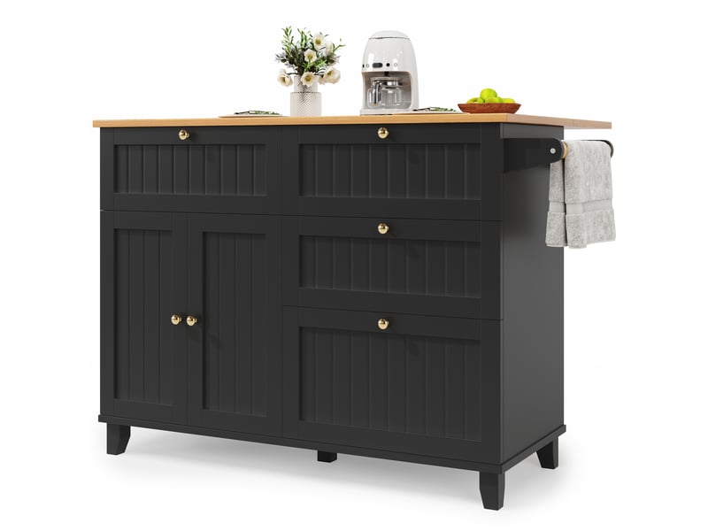  Îlot de cuisine mobile noir, buffet à porte rabattable freinée par chaîne, plateau effet bois et rangements  - Conforama A