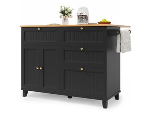 Îlot de cuisine mobile noir, buffet à porte rabattable freinée par chaîne, plateau effet bois et rangements