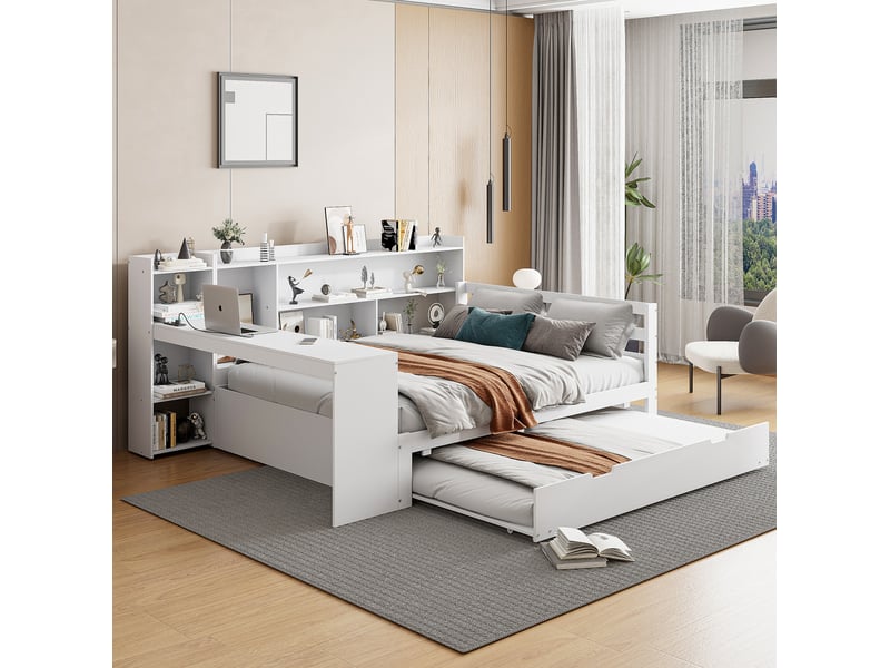  Lit combiné 140x200 cm avec bureau, rangements et prise, bois, blanc sans matelas  - Conforama B