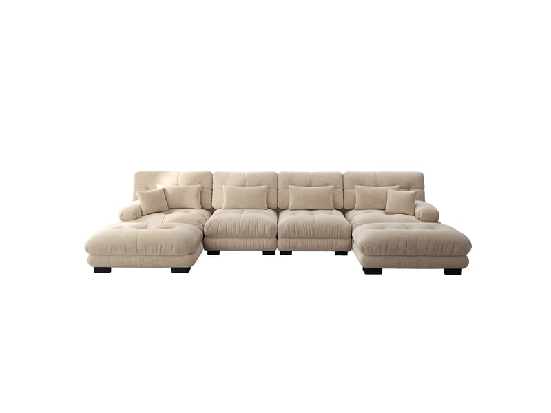  Canapé modulaire 4 places 406x145x81 cm, poufs mobiles, assemblage uldroite, chenille, café clair  - Conforama A