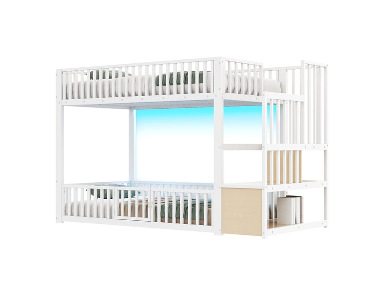  Lit superposé 90 x 200 cm, escalier avec rangement, éclairage led, blanc Bliss Lite - Conforama A