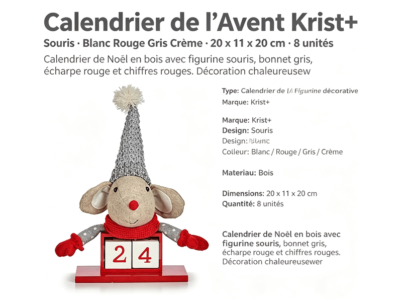  Calendrier de l’avent krist+ souris blanc rouge gris crème 20 x 11 x 20 cm (8 unités) S3627094 - Conforama E