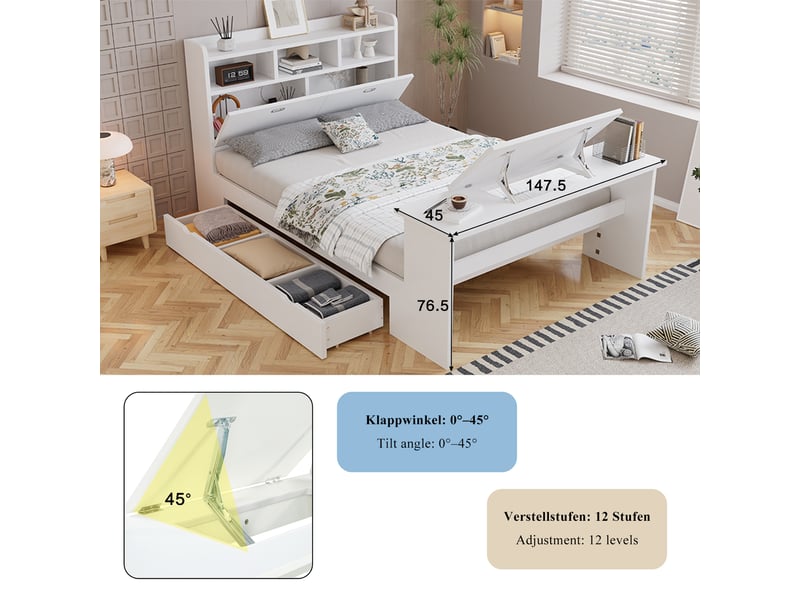 Lit pour enfant, étagère de tête, tiroir sous lit et table pliante inclinable, 140x200cm, blanc avec rangement  - Conforama C
