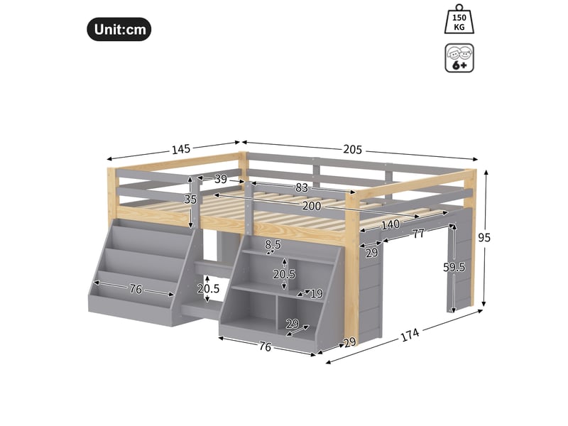  Lit mi-hauteur 140 x 200 cm avec étagères de rangement, ruban led, garde-corps et échelle, sans matelas, pin massif, gris et naturel evarich - Conforama C