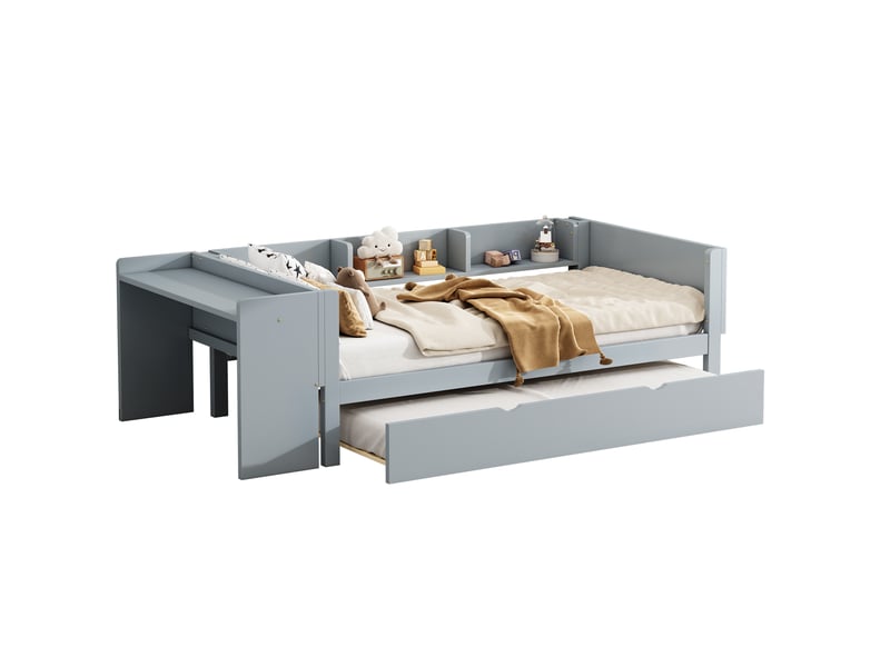  Lit enfant 90x200 avec lit gigogne et bureau intégré - pin massif gris avec étagères de rangement  - Conforama A