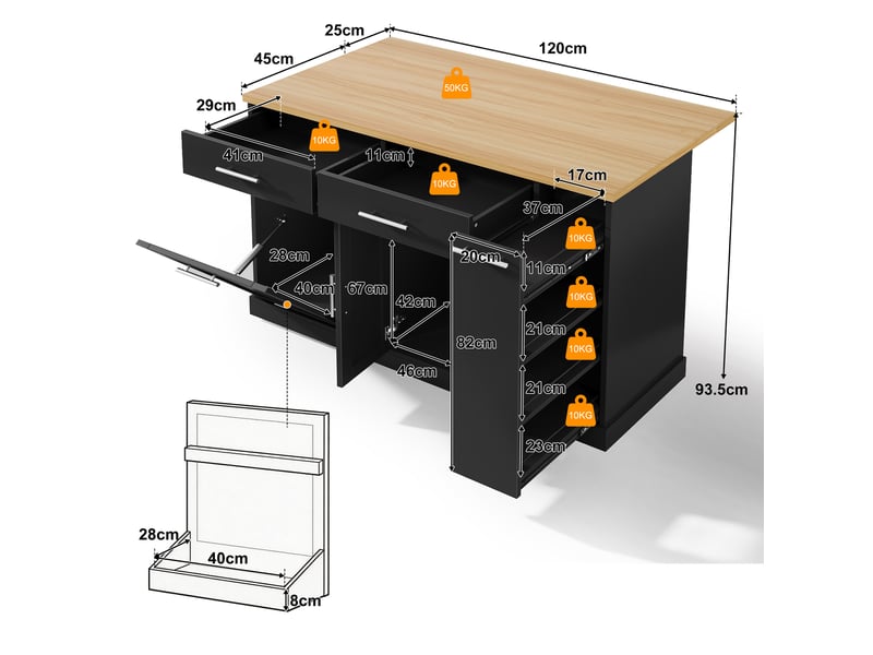  Îlot de cuisine 1 porte 2 tiroirs coloris noir mdf  - Conforama C