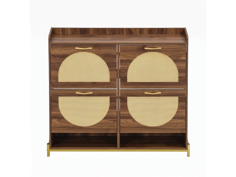  Meuble à chaussures 108.5x24x100cm - meuble d'entrée 4 portes en rotin arqué, poignées et pieds métal - noyer  - Conforama A