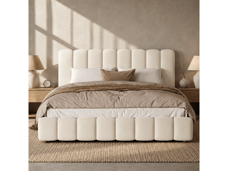  Lit double coffre hydraulique 180 x 200 cm avec sommier à lattes, velours beige  - Conforama E