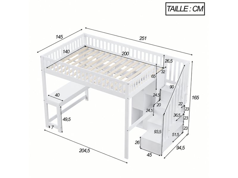  Lit mezzanine 140 x 200 cm avec bureau, échelle de rangement et éclairage led, en pin et mdf, blanc  - Conforama C