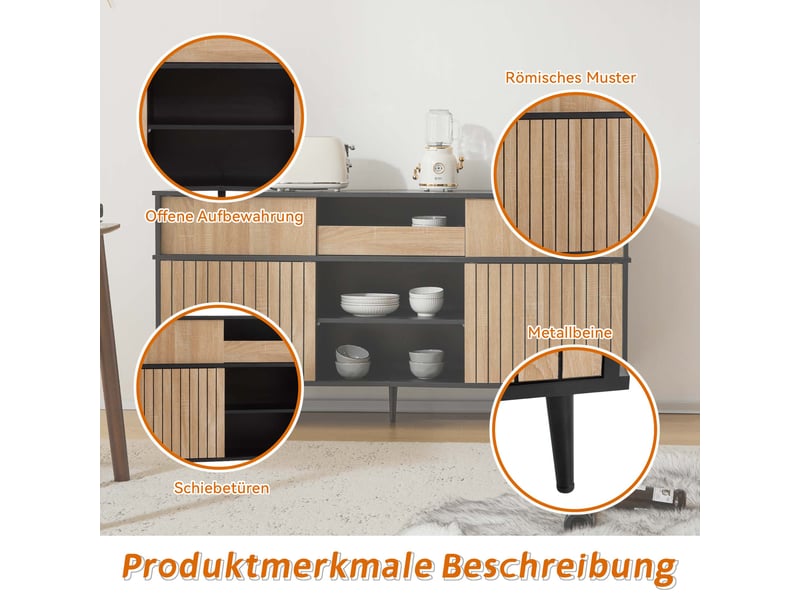 Meuble buffet large 160x40x80 cm, 4 portes coulissantes et 1 tiroir, design contemporain noir et naturel - Conforama R