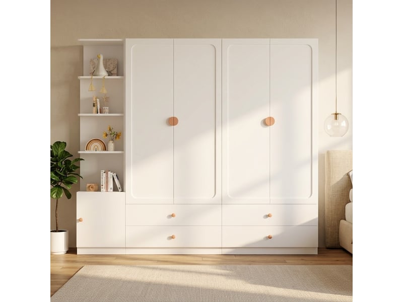  Armoire 5 portes blanche 225 cm avec 3 tringles, 4 tiroirs et rangement ouvert, idéale pour chambre ou bureau  - Conforama B