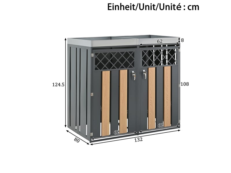  Abri de poubelles à 4 compartiments verrouillables en acier galvanisé, jardinière intégrée gris bois  - Conforama C