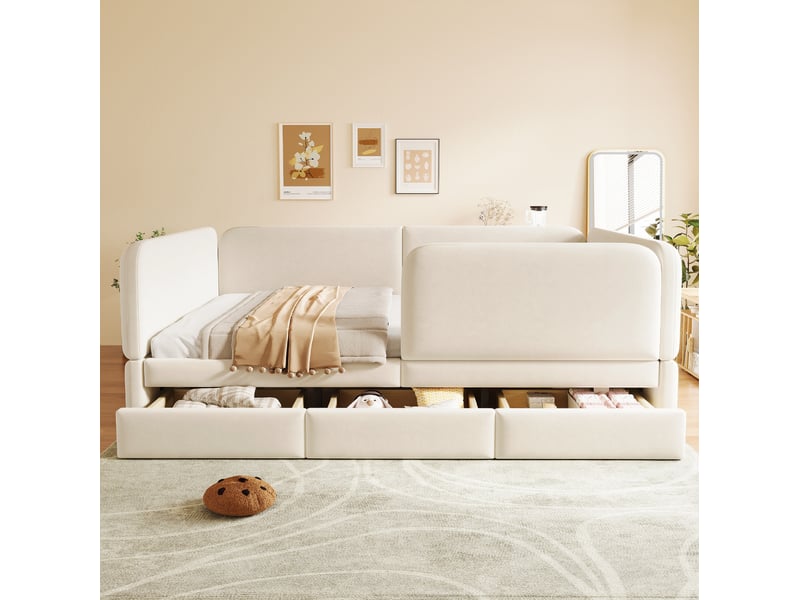  Lit enfant 140 × 200 cm avec contour de sécurité, coins arrondis, 3 tiroirs de rangement, en velours beige pour chambre  - Conforama D