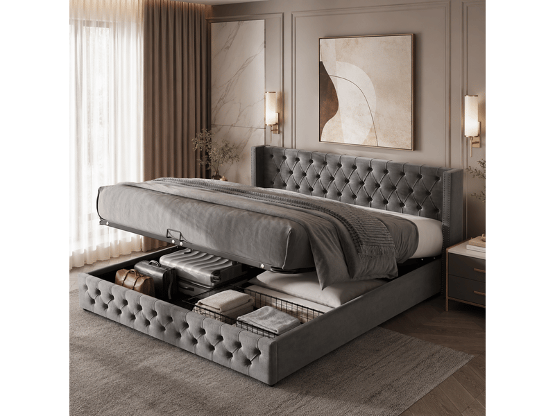  Lit coffre capitonnés 180x200 cm en velours gris, tête à oreilles et pied de lit , double rangée de rivets, coffre hydraulique, sommier à lattes Morn Vibe - Conforama B
