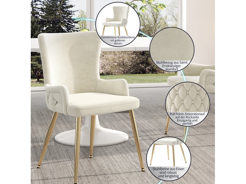  Lot de 6 chaises de salle à manger 55 x 45 x 85 cm – beige – velours et pieds en métal doré  - Conforama E