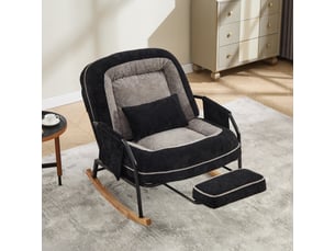 Fauteuil à bascule avec repose-pieds, fausse fourrure noir et gris, dossier réglable, pochette latérale, coussin rembourré, intérieur extérieur