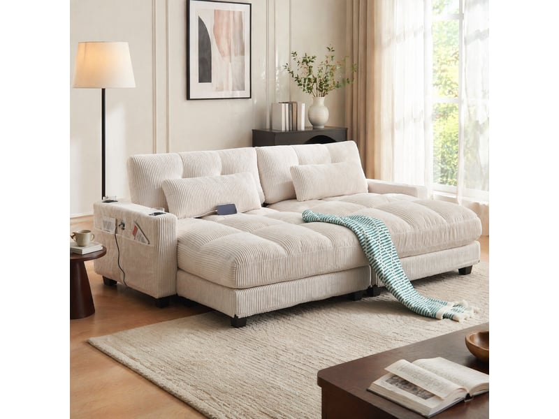  Fauteuil relax 112x140x81 cm avec porte-gobelets et port usb en velours côtelé beige  - Conforama D