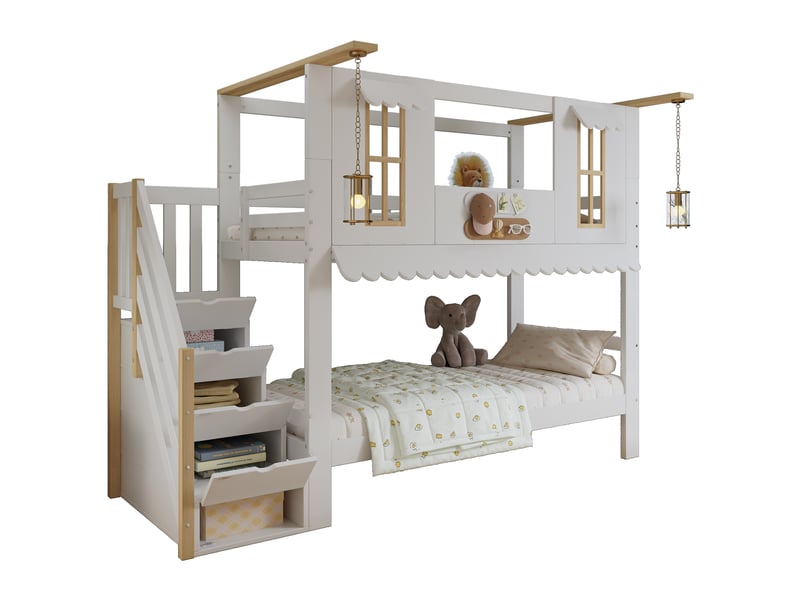  Lit superposé enfant 90 x 200 cm blanc et naturel avec escalier de rangement  - Conforama A