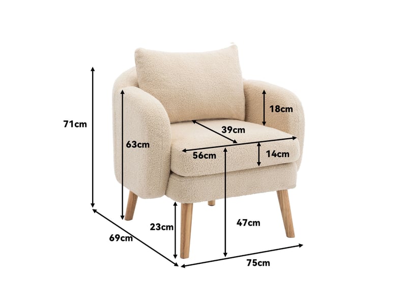  Fauteuil d'accent 75x69x71cm – fauteuil salon individuel avec coussin de 14cm et oreiller lombaire – tissu de velours teddy - beige  - Conforama C