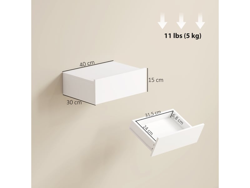  Ensemble de 2 tables de chevet murales flottantes avec 1 tiroir pour chambre à coucher, 40 x 30 x 15 cm, blanches  - Conforama E