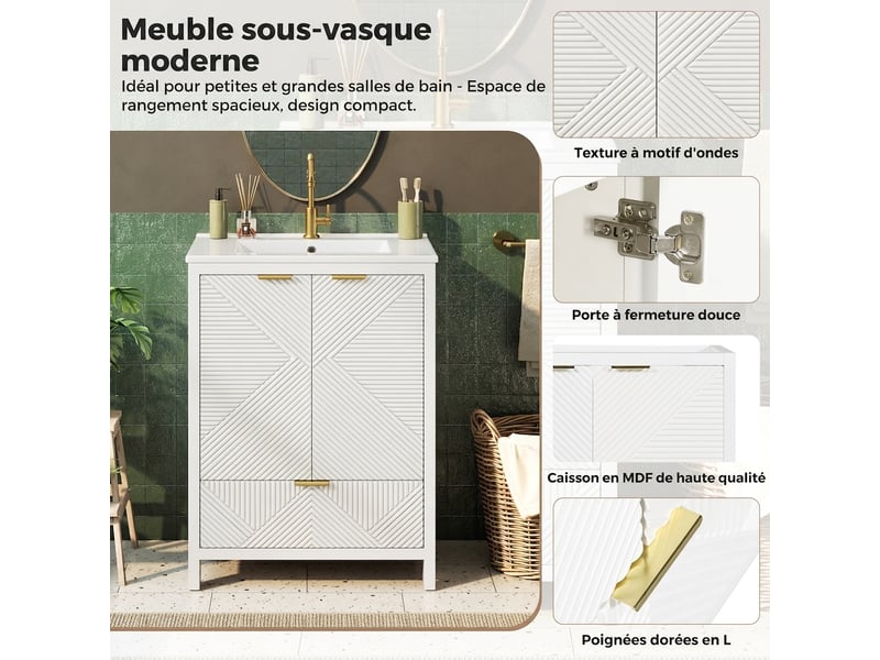  Meuble salle de bain sur pied 61 cm blanc avec vasque en céramique et tiroir, façade ondulée  - Conforama E