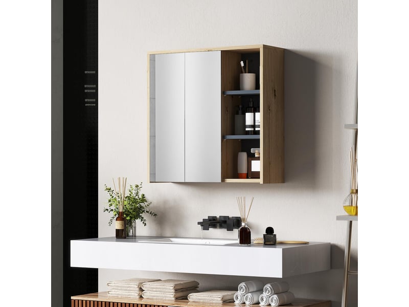  Armoire de toilette avec miroir et 3 étagères ouvertes en mdf bois naturel 60x20x60 cm  - Conforama B