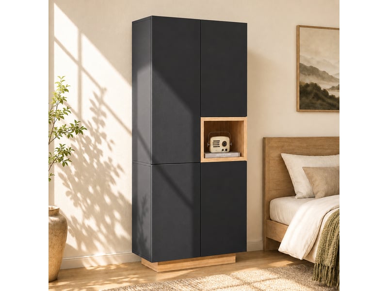  Armoire 2 portes 90 x 45 x 200 cm, 2 penderies, 5 compartiments et 1 niche ouverte, noir  - Conforama B