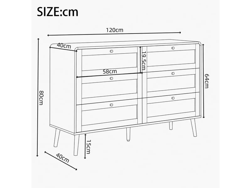  Commode à 6 tiroirs, 80 x 40 x 120 cm, façades de tiroirs en cannage, avec coins arrondis et pieds surélevés, finition en noyer  - Conforama C