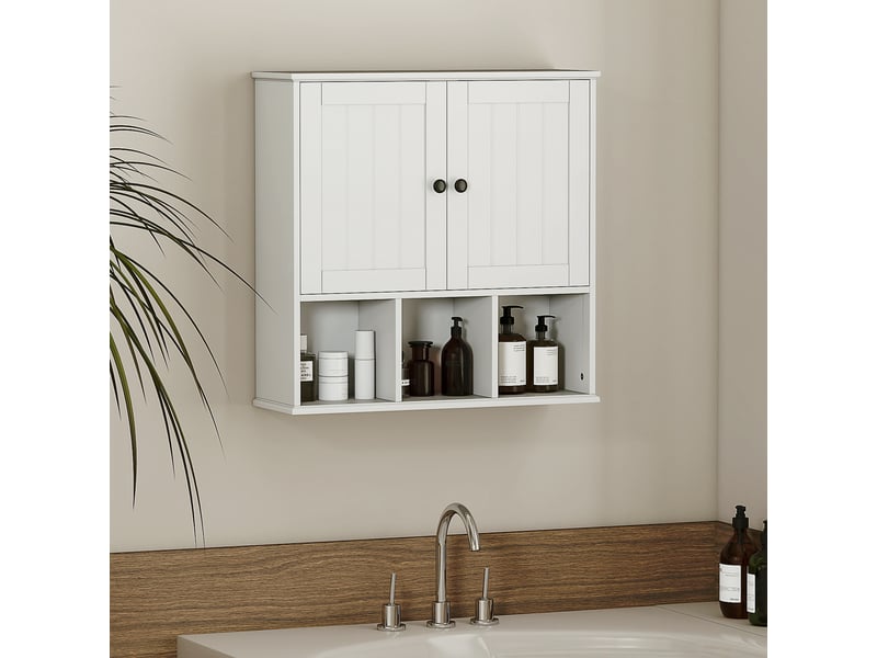  Armoire murale de salle de bain, meuble de rangement avec 2 portes, étagère réglable et compartiments ouverts, blanc  - Conforama D