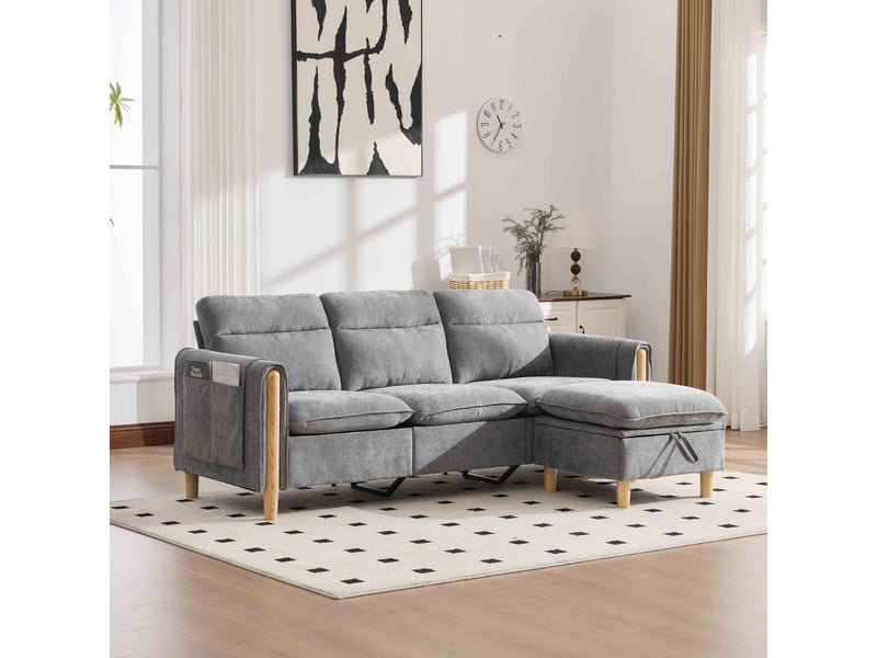  Canapé d’angle 3 places 201x77x86 cm en chenille avec pouf coffre réversible, poches latérales et pieds en bois - gris clair  - Conforama D