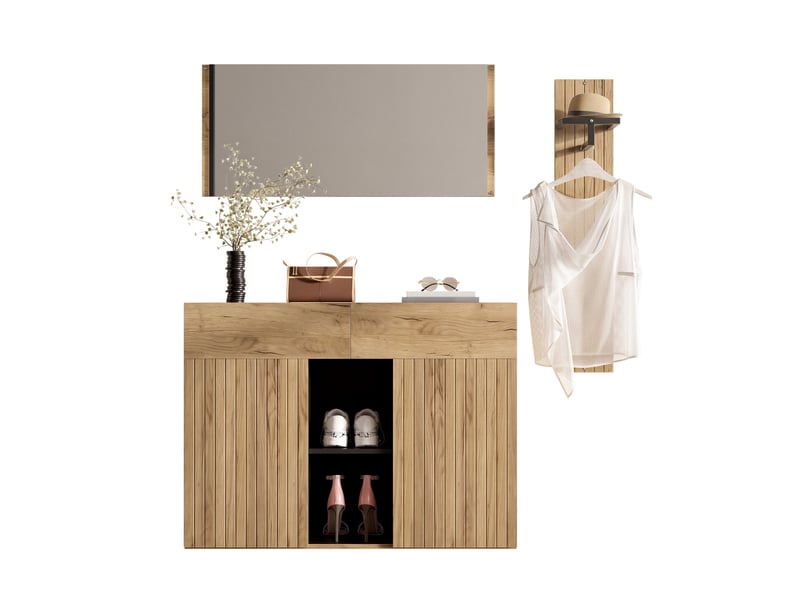 Meuble d'entrée avec miroir, penderie, 2 portes, 2 tiroirs et étagères réglables, naturel et noir, 125 × 35 × 178 cm - Conforama A