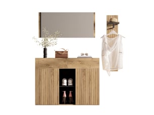 Meuble d'entrée avec miroir, penderie, 2 portes, 2 tiroirs et étagères réglables, naturel et noir, 125 × 35 × 178 cm