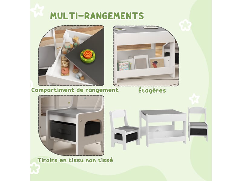  Ensemble 3 pièces table et 2 chaises pour enfant avec plateau réversible tableau noir, étagères, panier de rangement  - Conforama R